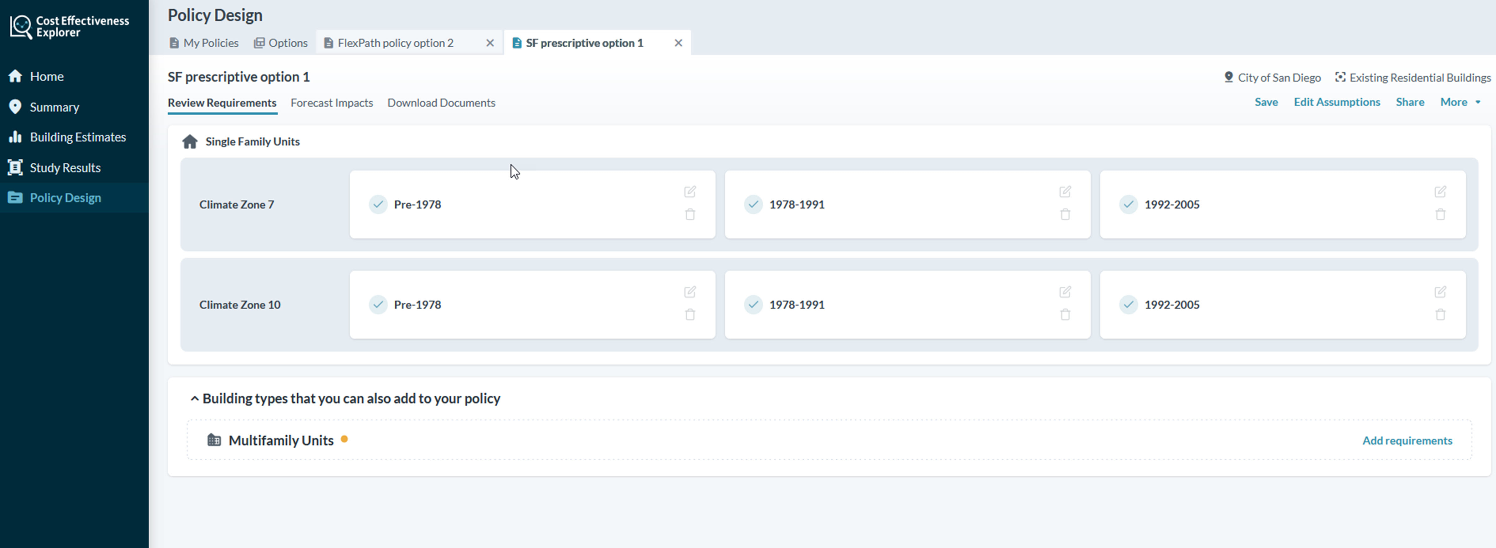 Cost Effectiveness Explorer Screenshot showing Policy Design comparison capability