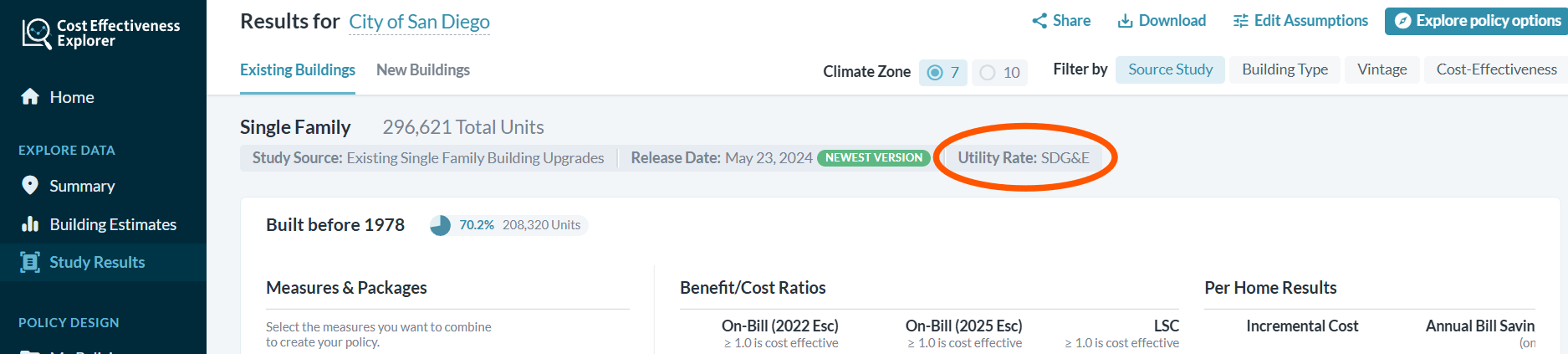 Cost Effectiveness Explorer Screenshot showing utility rate info